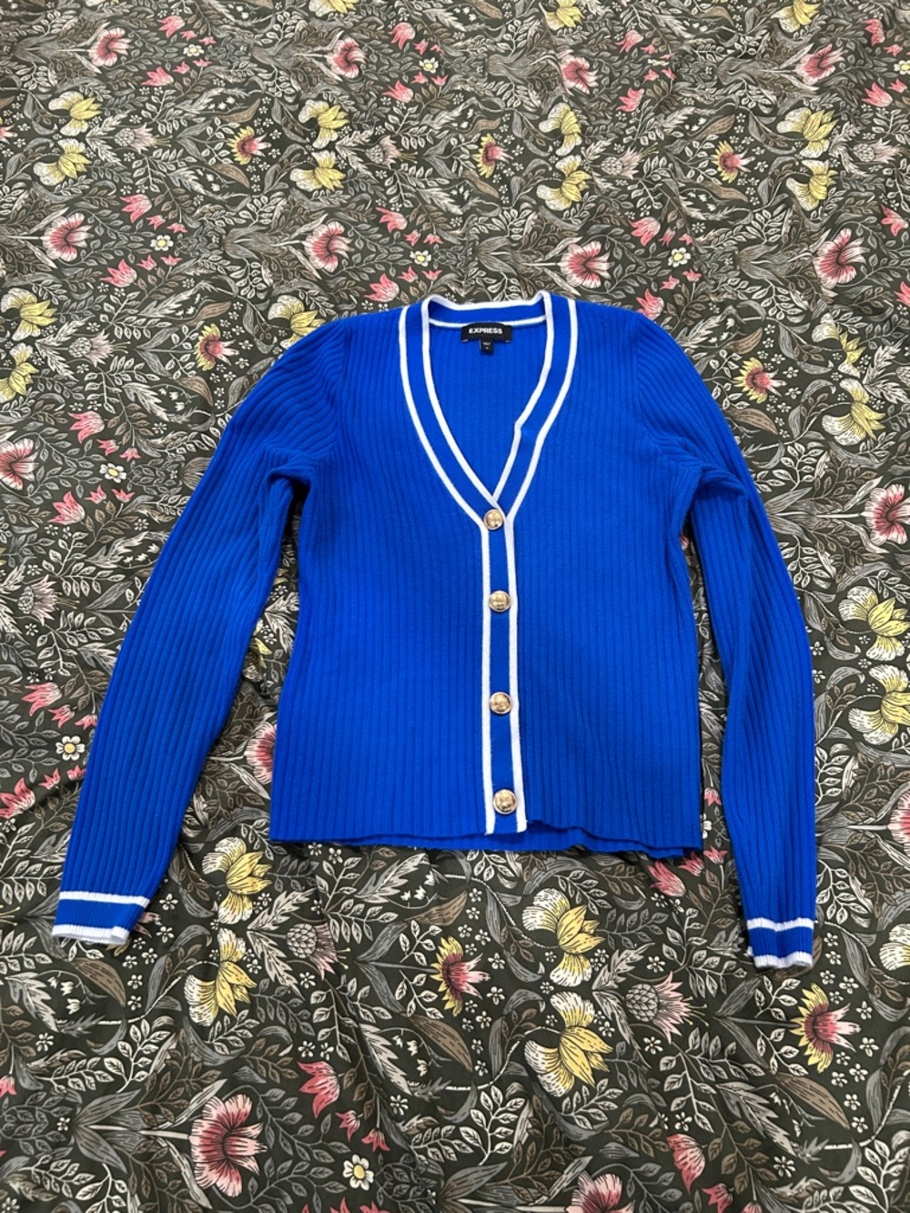 Express Royal Blue Ribbed Cardigan with White Trim and Gold Buttons